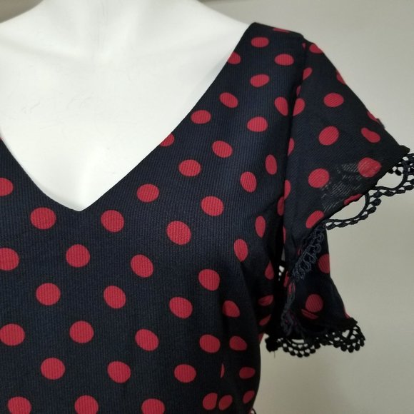 BB Dakota Dress 4 Navy Blue Red Polka Dot Lace V Pin Up Gothic Punk Alt Cosplay - Picture 3 of 9